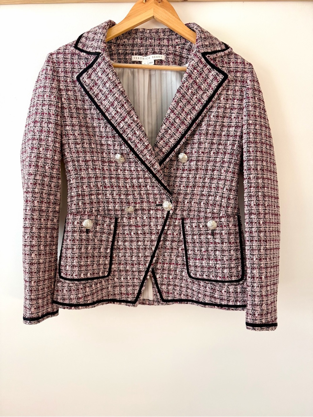 VERONICA BEARD | Theron Tweed Double Breasted Blazer Jacket Pink Black Trim Sz 6 - Picture 6 of 12
